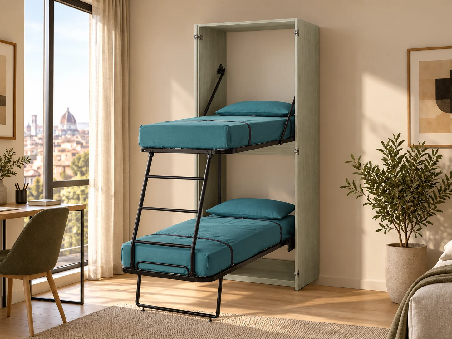 Letto a castello a ribalta verticale Ledo aperto, con struttura metallica scura e biancheria verde