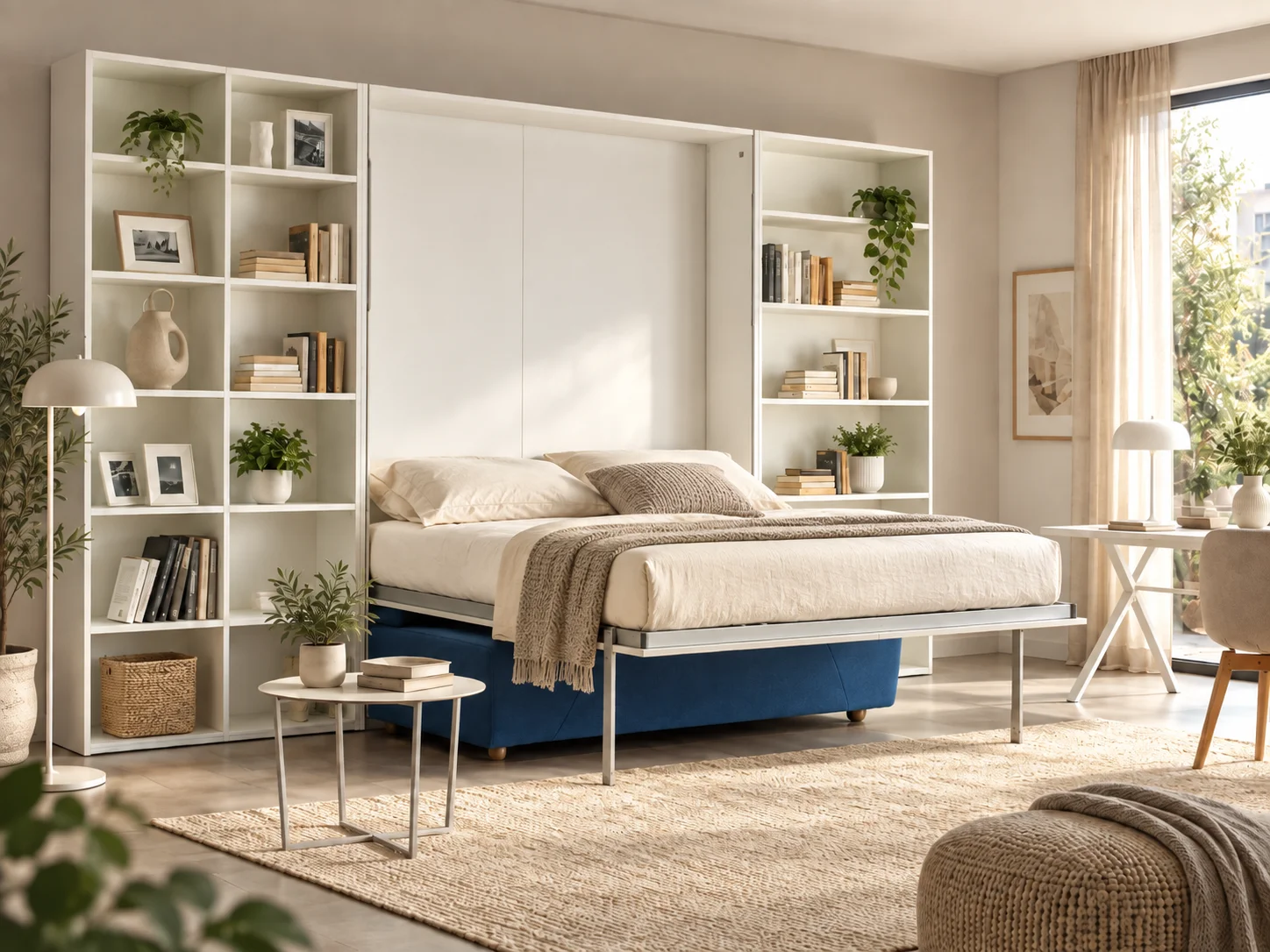 Letto matrimoniale a scomparsa Vertigo con divano Bolla aperto, con mobile bianco e librerie laterali