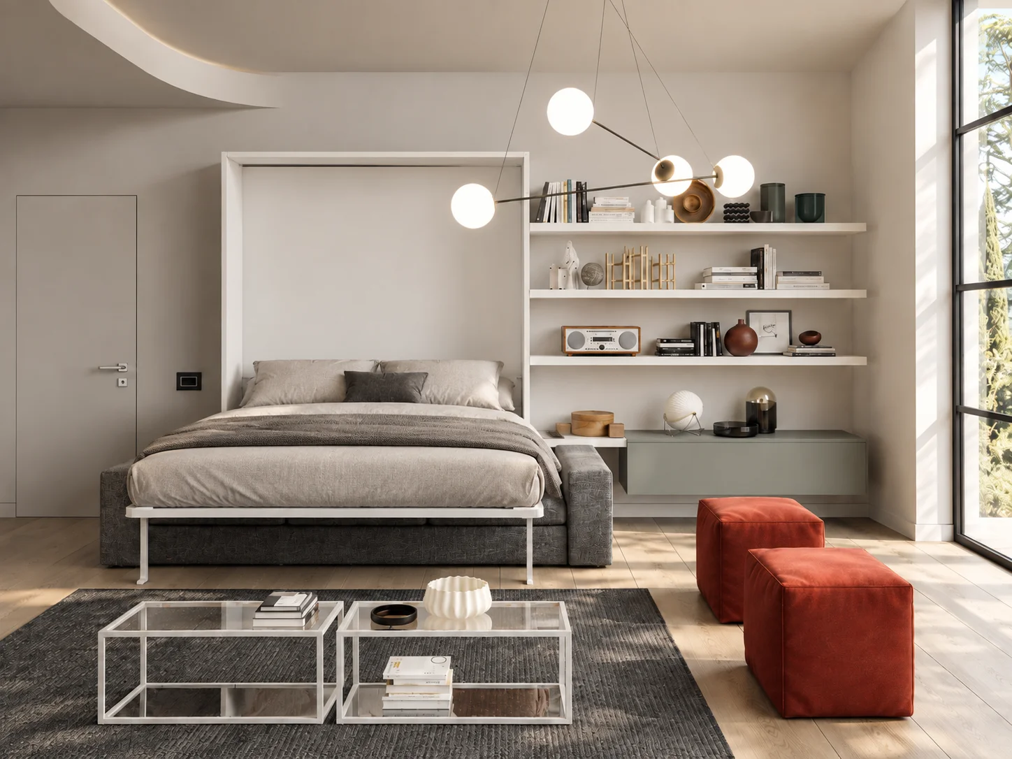 Letto matrimoniale a scomparsa Vertigo Sofa aperto, accanto alle mensole della zona giorno